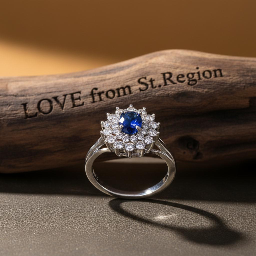 Cubic Zirconia & Navy Crystal Flower Halo Ring