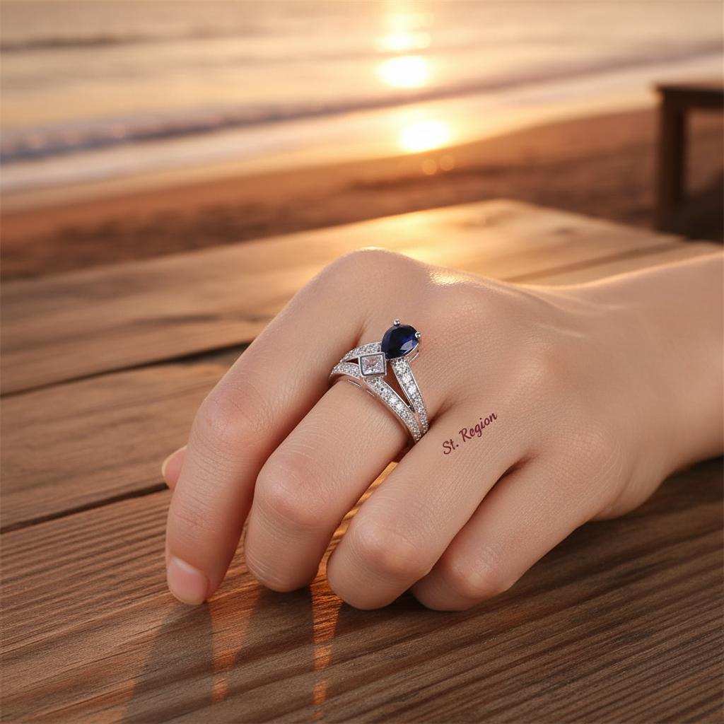 Cubic Zirconia and Navy Crystal Pear Ring, statement rings for women, everyday style, styled look