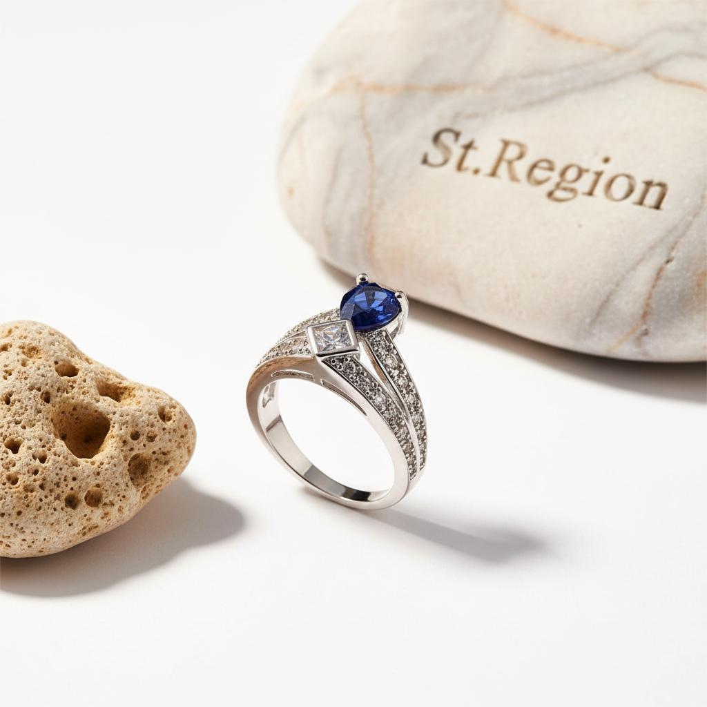 Cubic Zirconia and Navy Crystal Pear Ring, statement rings for women, everyday style, detail close-up