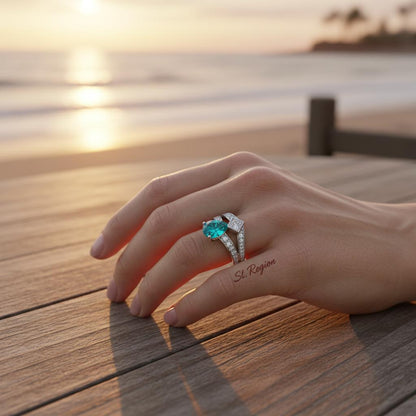 Sea Blue Crystal and Cubic Zirconia Pear-Cut Ring, statement rings for women, dainty minimalist design, styled look