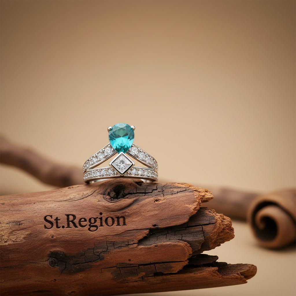 Sea Blue Crystal and Cubic Zirconia Pear-Cut Ring, statement rings for women, dainty minimalist design, front view