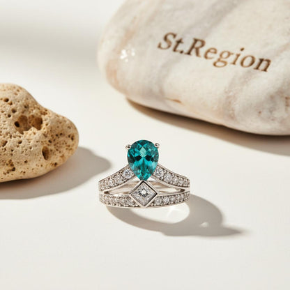 Sea Blue Crystal and Cubic Zirconia Pear-Cut Ring, statement rings for women, dainty minimalist design, detail close-up