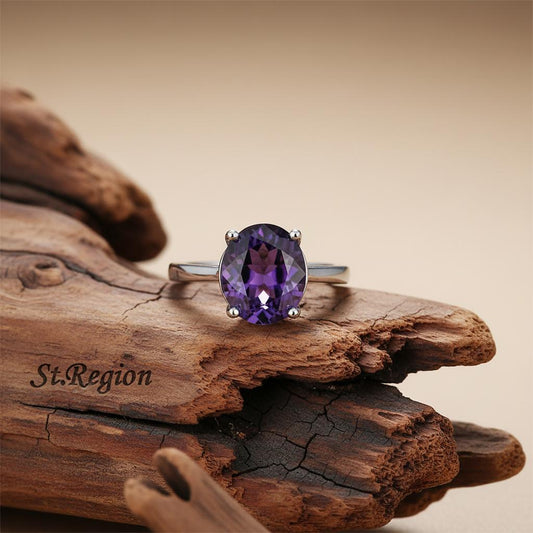 Purple Crystal & Silver-Plated Oval-Cut Solitaire Ring