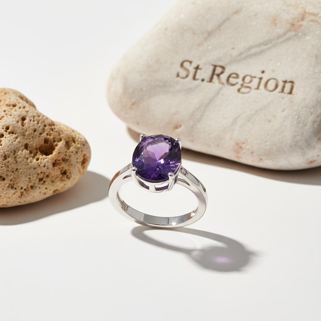 Purple Crystal & Silver-Plated Oval-Cut Solitaire Ring