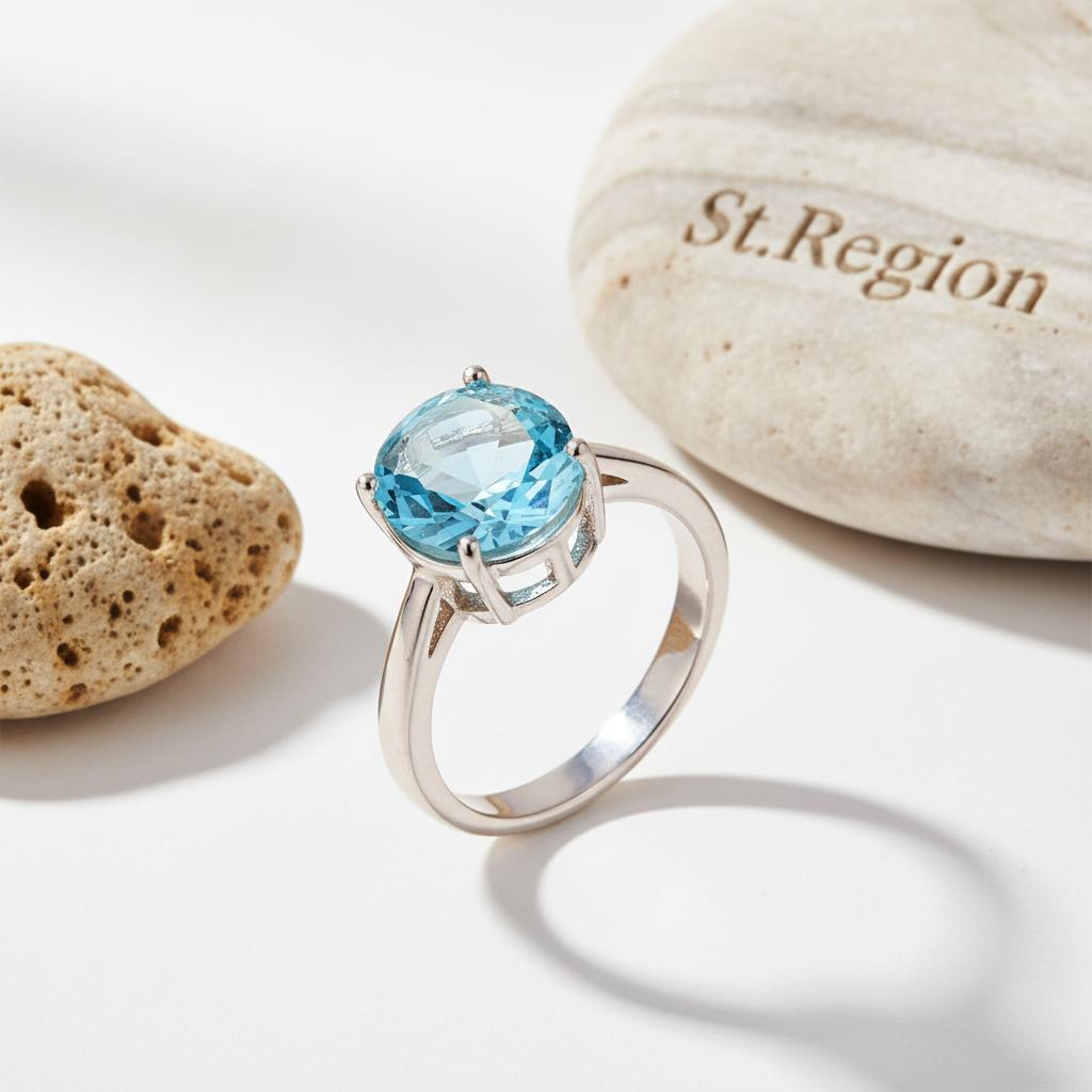 Sea Blue Crystal and Silver-Plated Oval-Cut Solitaire Ring, silver statement rings for women, detail close-up