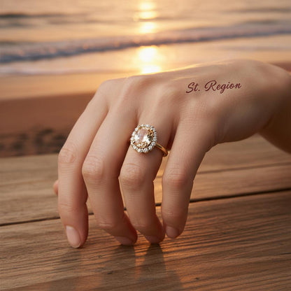 Champagne Crystal and Cubic Zirconia Pavé Halo Oval-Cut Ring, statement rings for women, botanical inspired, styled look