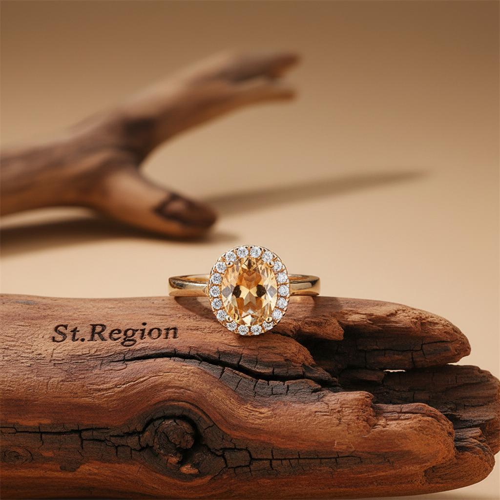 Champagne Crystal and Cubic Zirconia Pavé Halo Oval-Cut Ring, statement rings for women, botanical inspired, front view