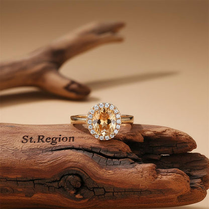Champagne Crystal and Cubic Zirconia Pavé Halo Oval-Cut Ring, statement rings for women, botanical inspired, front view
