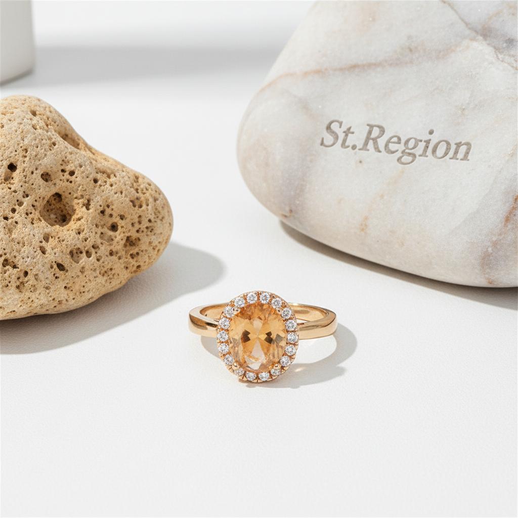 Champagne Crystal and Cubic Zirconia Pavé Halo Oval-Cut Ring, statement rings for women, botanical inspired, detail close-up
