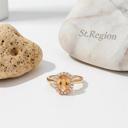 Champagne Crystal and Cubic Zirconia Pavé Halo Oval-Cut Ring, statement rings for women, botanical inspired, detail close-up