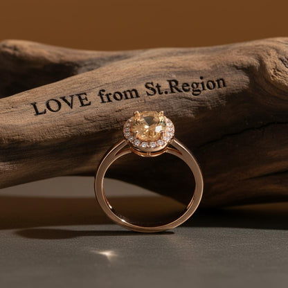 Champagne Crystal and Cubic Zirconia Pavé Halo Oval-Cut Ring, statement rings for women, botanical inspired, lifestyle look
