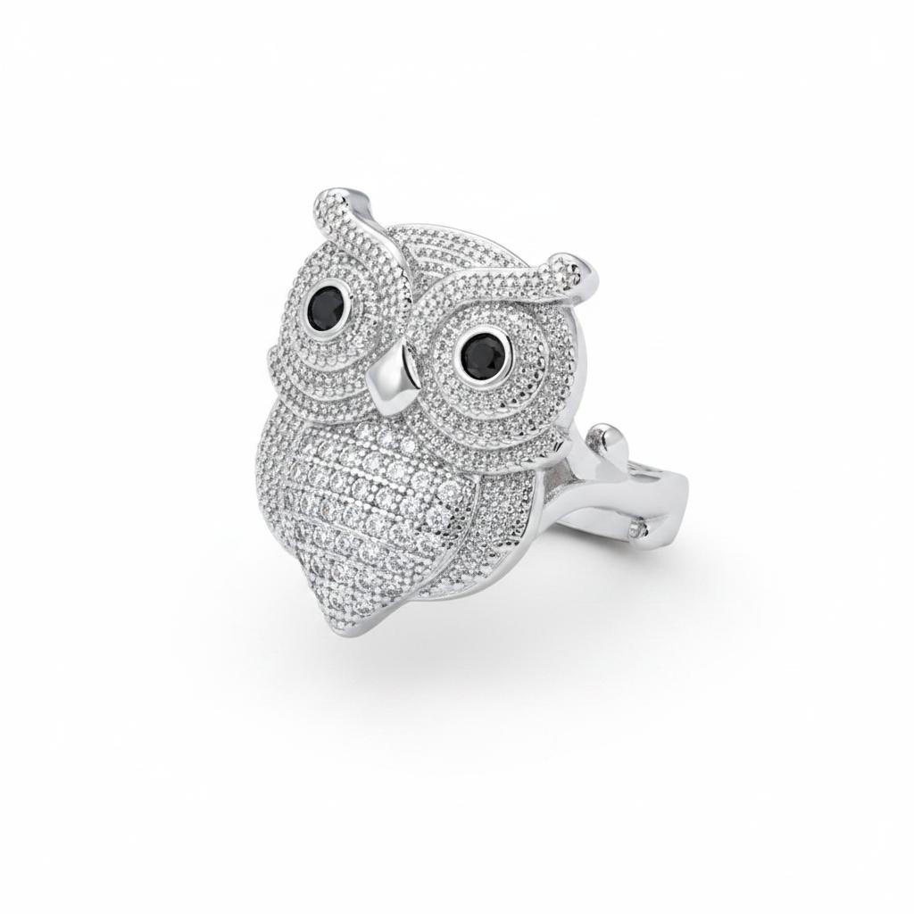 Cubic Zirconia and Silver-Plated Owl Ring, silver statement rings for women, vintage-inspired design, side view