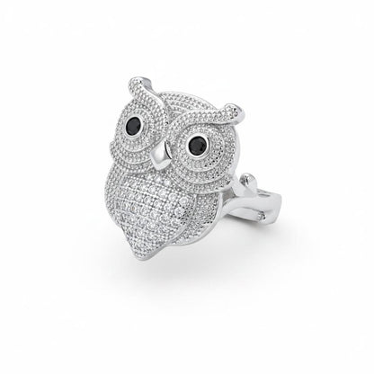 Cubic Zirconia and Silver-Plated Owl Ring, silver statement rings for women, vintage-inspired design, side view