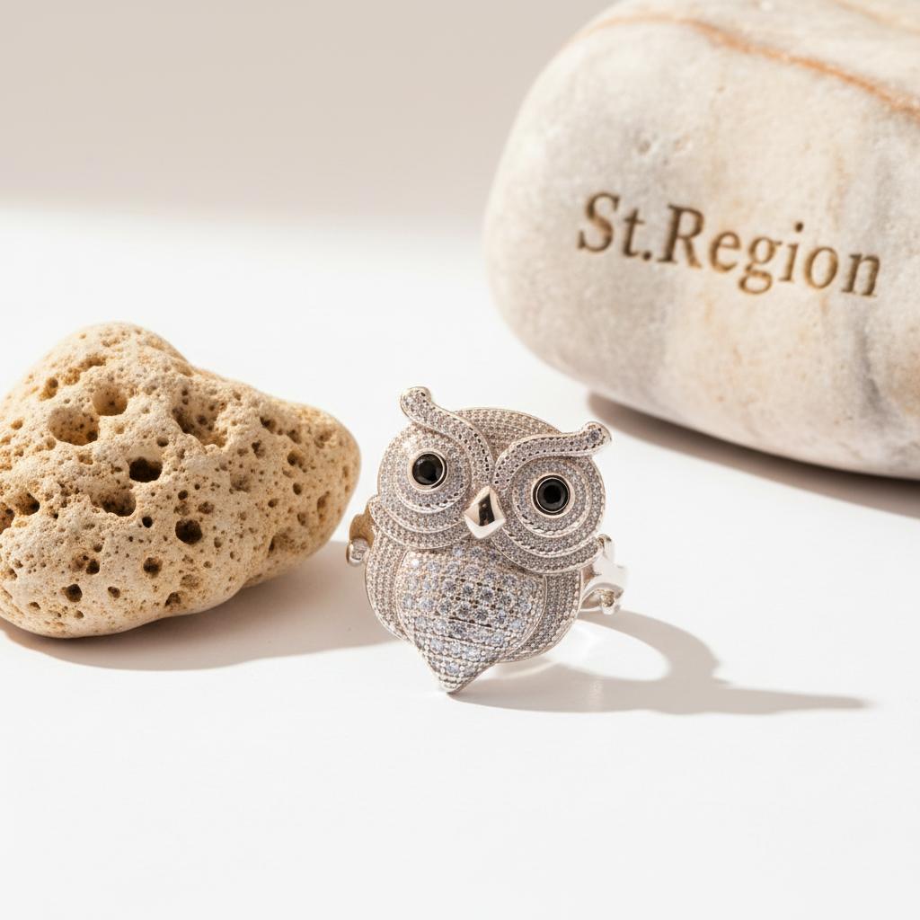 Cubic Zirconia and Silver-Plated Owl Ring, silver statement rings for women, vintage-inspired design, detail close-up