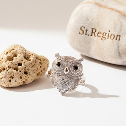 Cubic Zirconia and Silver-Plated Owl Ring, silver statement rings for women, vintage-inspired design, detail close-up