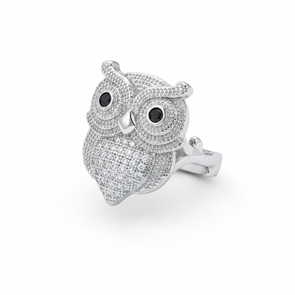 Cubic Zirconia & Silver-Plated Owl Ring - Street Region