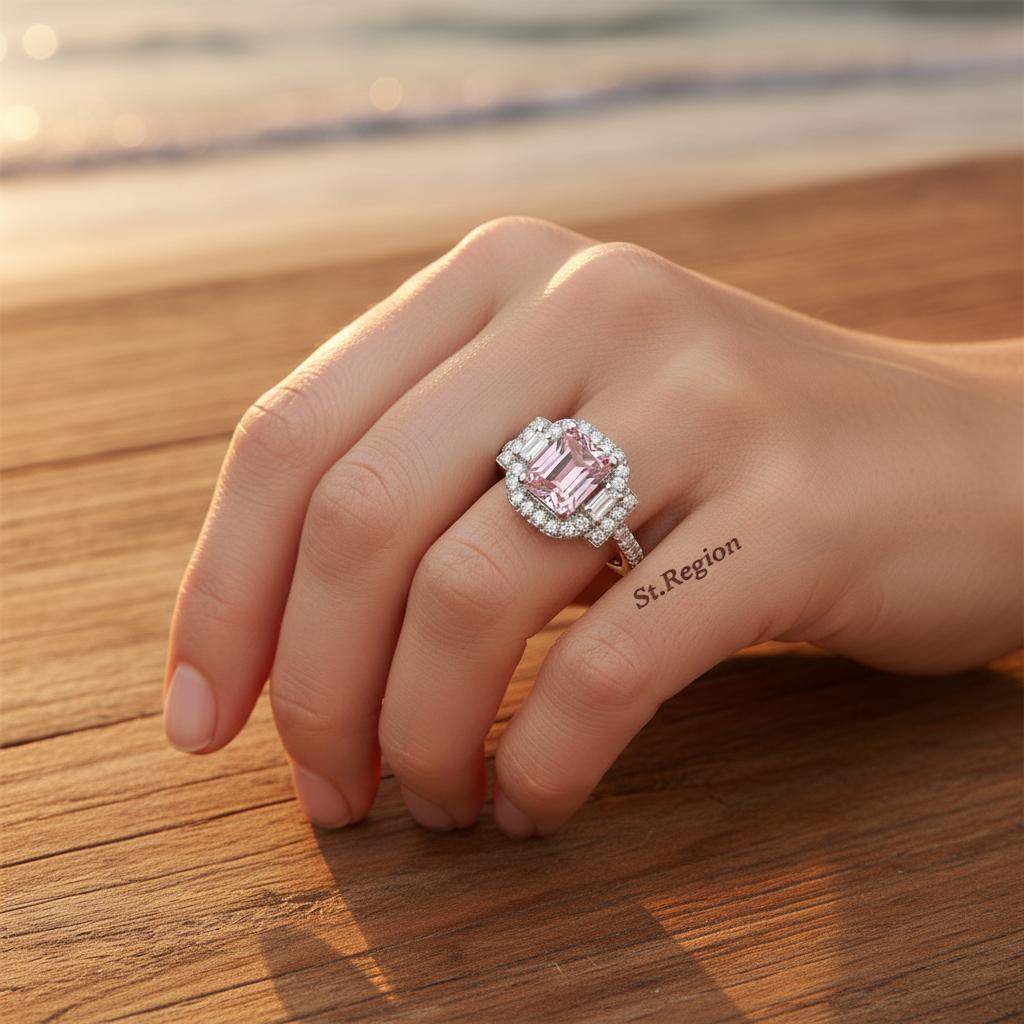 Pink Crystal and Cubic Zirconia Radiant-Cut Ring, statement rings for women, dainty minimalist design, styled look