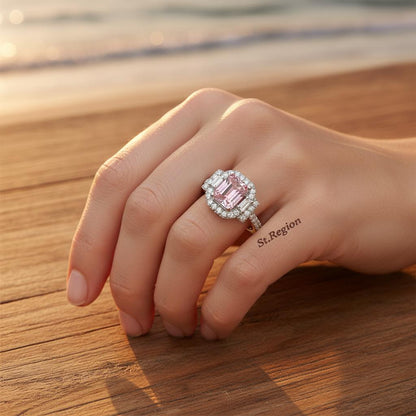 Pink Crystal and Cubic Zirconia Radiant-Cut Ring, statement rings for women, dainty minimalist design, styled look