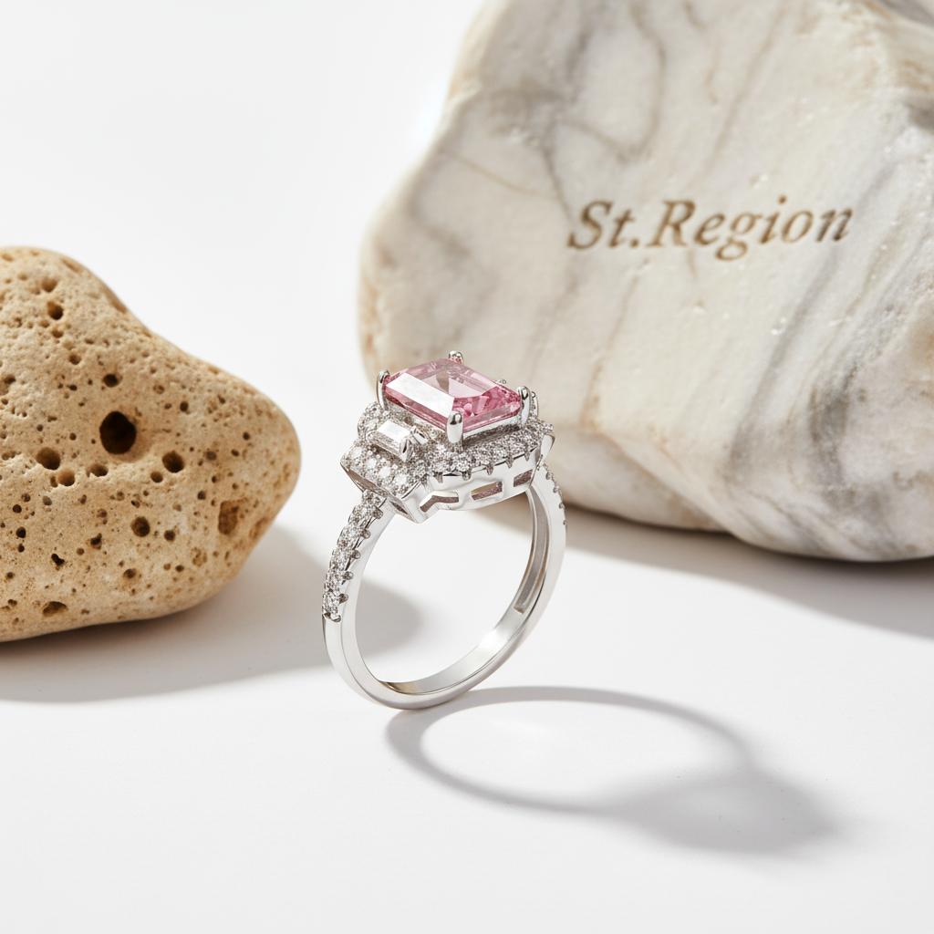 Pink Crystal and Cubic Zirconia Radiant-Cut Ring, statement rings for women, dainty minimalist design, detail close-up