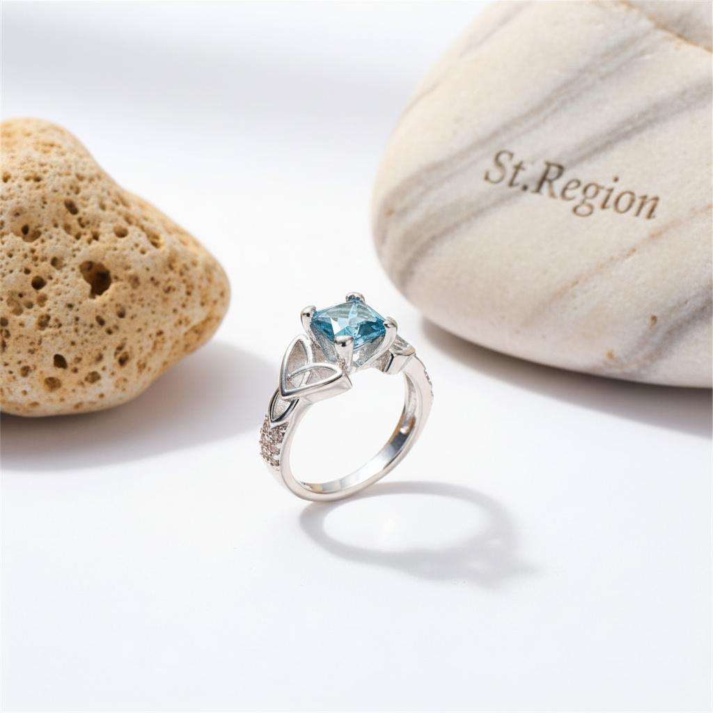 Blue Princess Crystal and Silver-Plated Band Ring, silver statement rings for women, vintage-inspired design, detail close-up