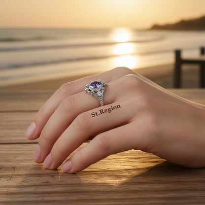 Cubic Zirconia and Purple Crystal Oval Ring, statement rings for women, everyday style, styled look