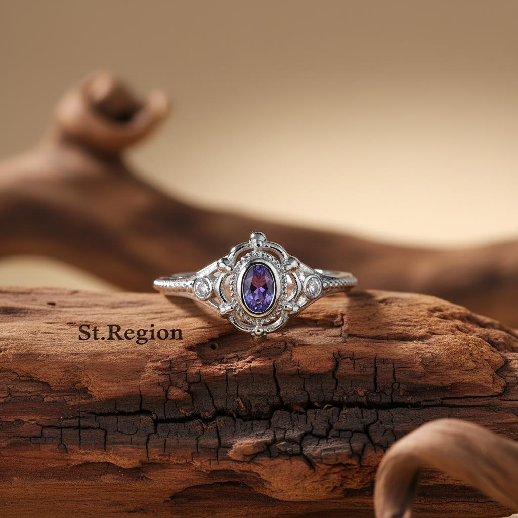 Cubic Zirconia and Purple Crystal Oval Ring, statement rings for women, everyday style, front view