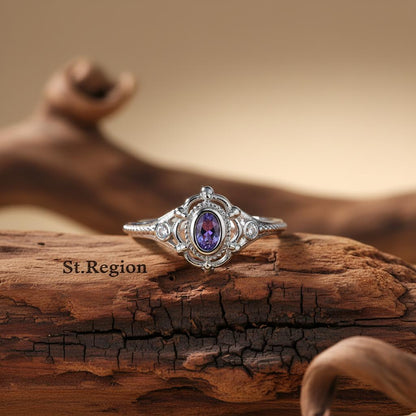 Cubic Zirconia and Purple Crystal Oval Ring, statement rings for women, everyday style, front view