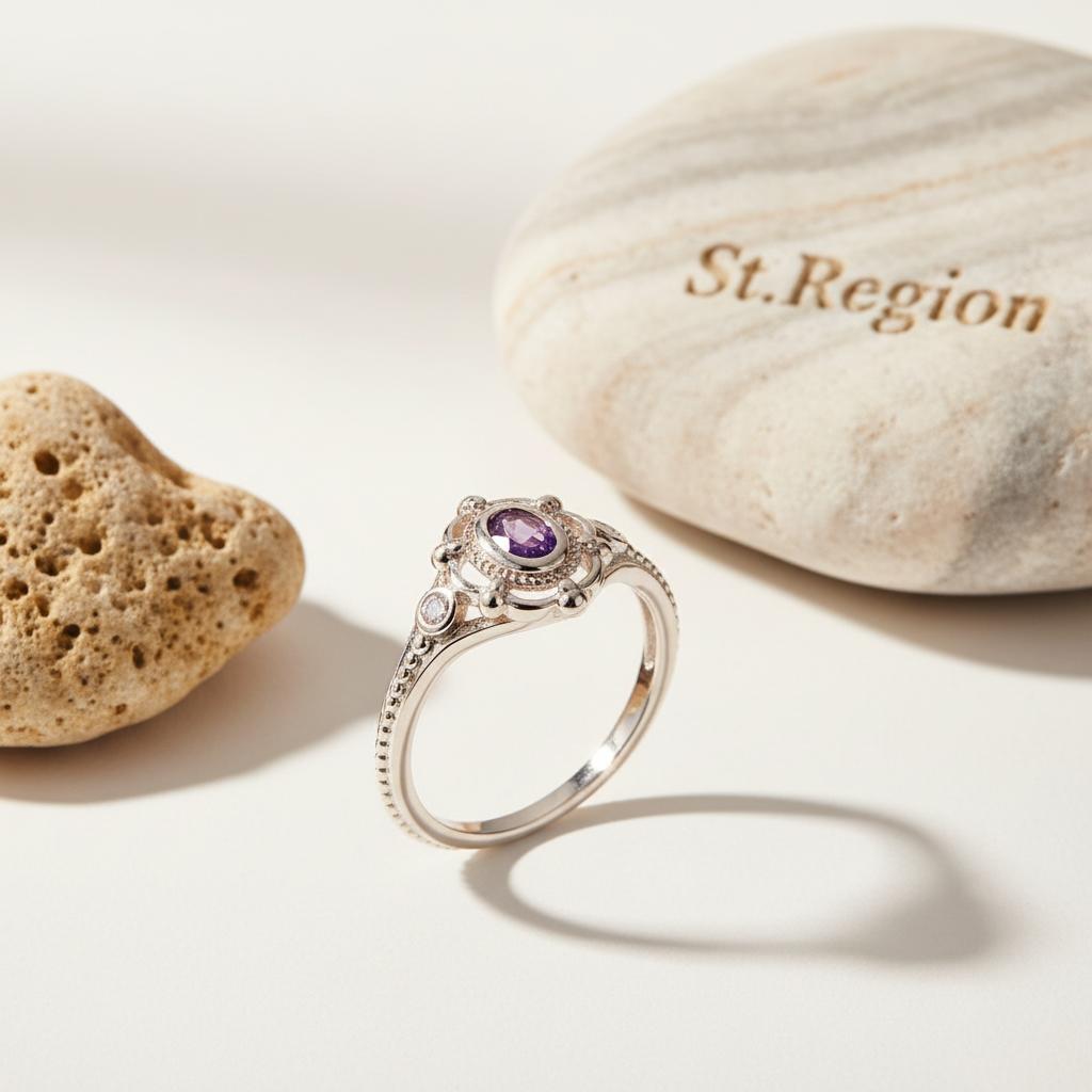 Cubic Zirconia and Purple Crystal Oval Ring, statement rings for women, everyday style, detail close-up