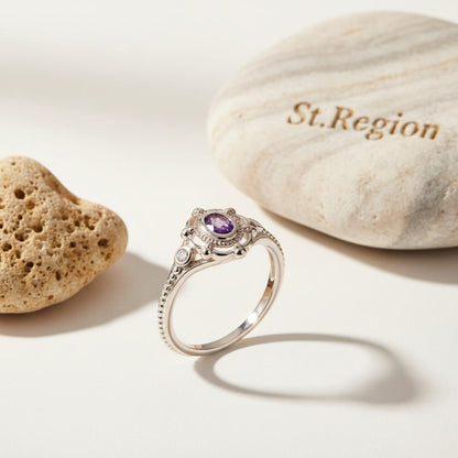 Cubic Zirconia and Purple Crystal Oval Ring, statement rings for women, everyday style, detail close-up