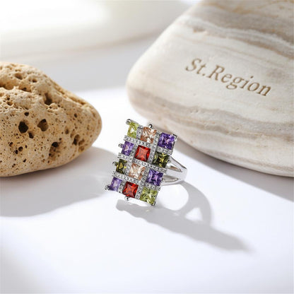 Multicolor Crystal and Cubic Zirconia Silver-Plated Block Ring, silver statement rings for women, detail close-up
