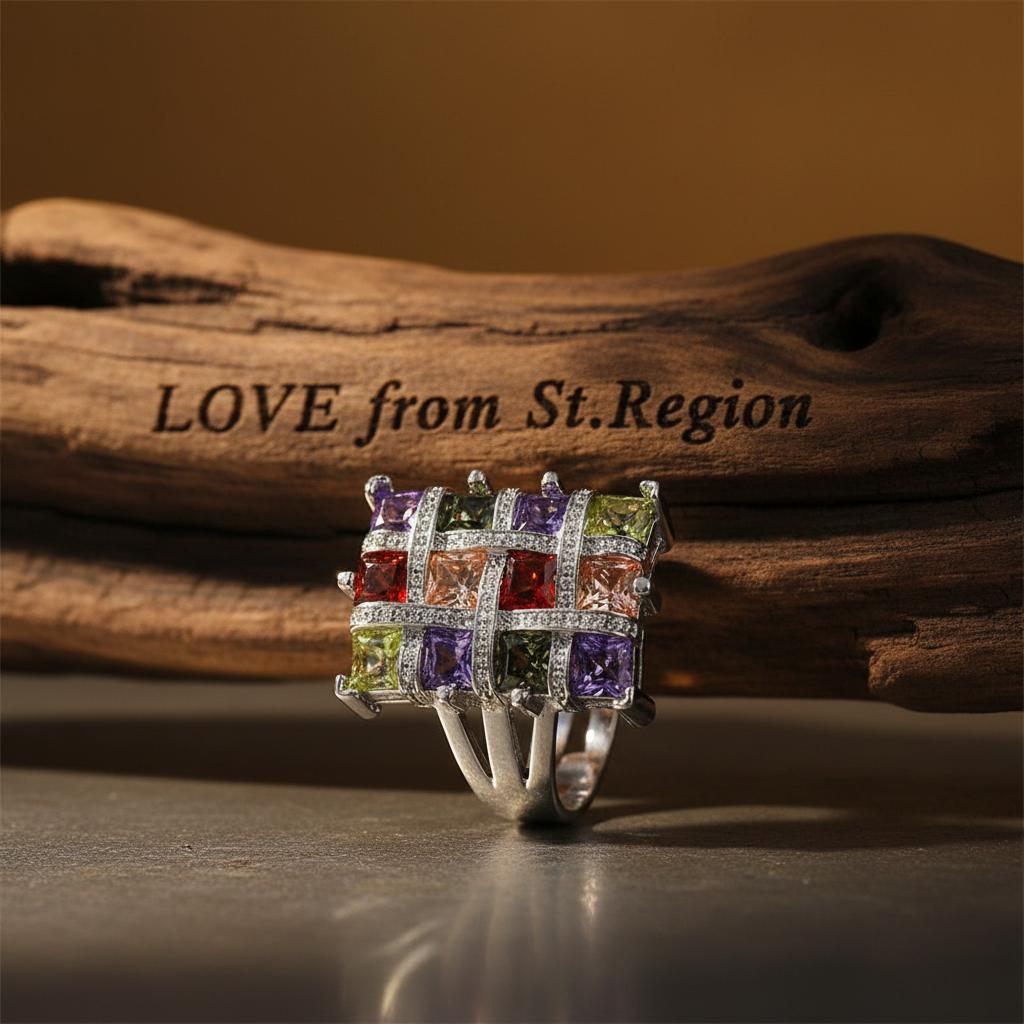 Multicolor Crystal and Cubic Zirconia Silver-Plated Block Ring, silver statement rings for women, lifestyle look