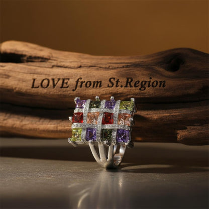 Multicolor Crystal and Cubic Zirconia Silver-Plated Block Ring, silver statement rings for women, lifestyle look