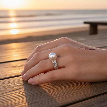 Pearl and Cubic Zirconia Silver-Plated Pavé Ring, silver statement rings for women, dainty minimalist design, styled look