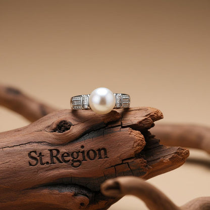 Pearl and Cubic Zirconia Silver-Plated Pavé Ring, silver statement rings for women, dainty minimalist design, front view