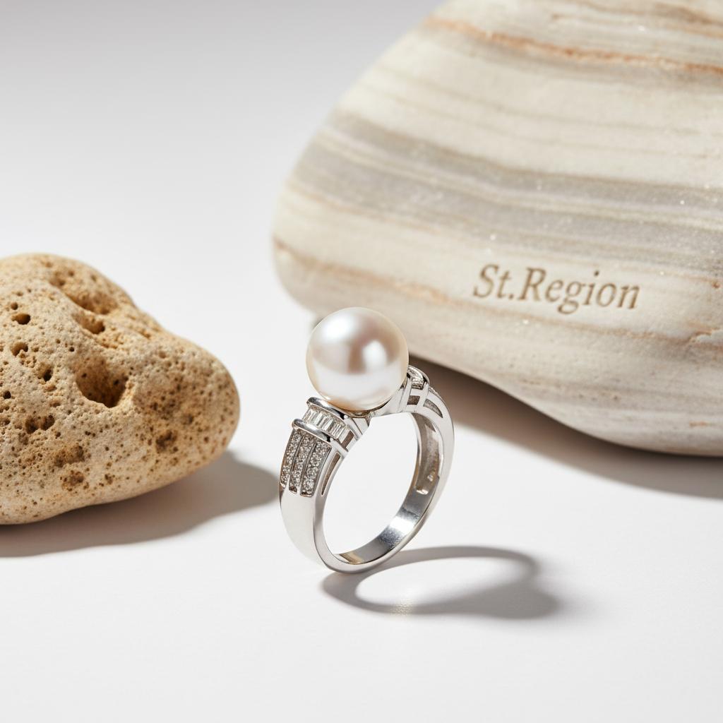 Pearl and Cubic Zirconia Silver-Plated Pavé Ring, silver statement rings for women, dainty minimalist design, detail close-up