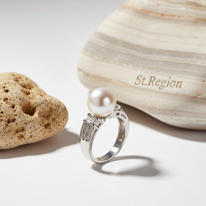 Pearl and Cubic Zirconia Silver-Plated Pavé Ring, silver statement rings for women, dainty minimalist design, detail close-up