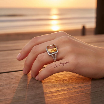 Champagne Crystal and Silver-Plated Radiant-Cut Ring, silver statement rings for women, dainty minimalist design, styled look