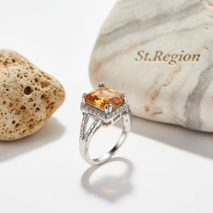Champagne Crystal and Silver-Plated Radiant-Cut Ring, silver statement rings for women, detail close-up