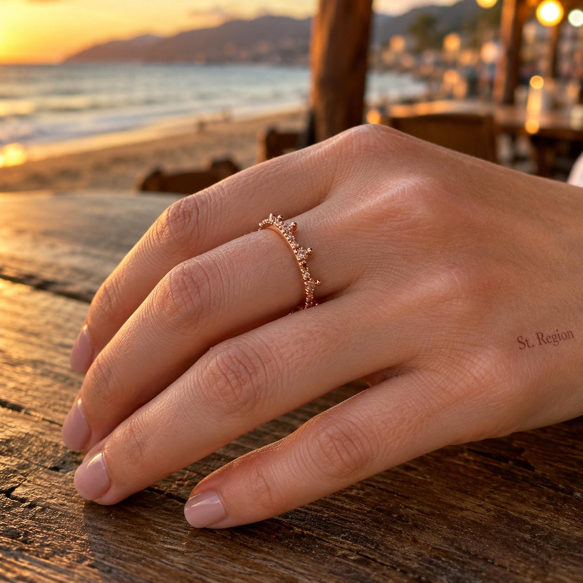 Cubic Zirconia and 18K Rose Gold-Plated Crown Band Ring, rose gold statement rings for women, styled look