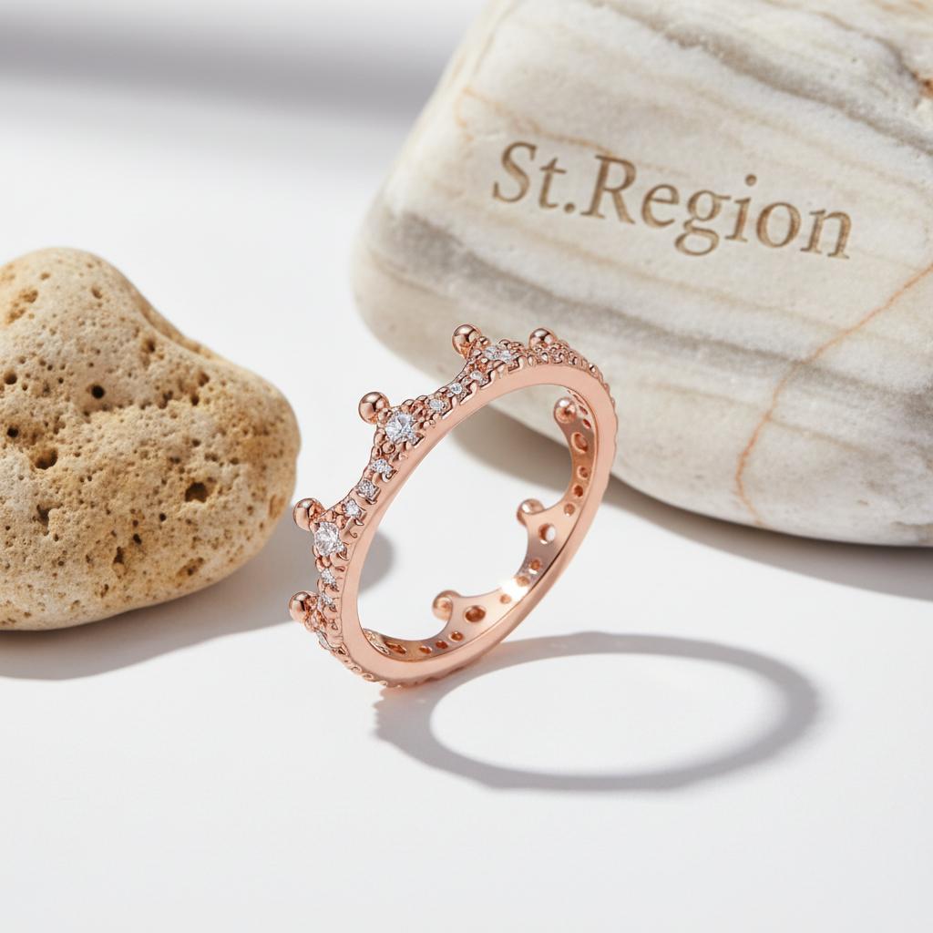 Cubic Zirconia and 18K Rose Gold-Plated Crown Band Ring, rose gold statement rings for women, detail close-up