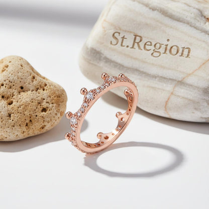 Cubic Zirconia and 18K Rose Gold-Plated Crown Band Ring, rose gold statement rings for women, detail close-up