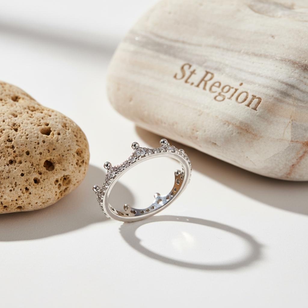 Cubic Zirconia and Silver-Plated Crown Band Ring, silver statement rings for women, botanical inspired, detail close-up