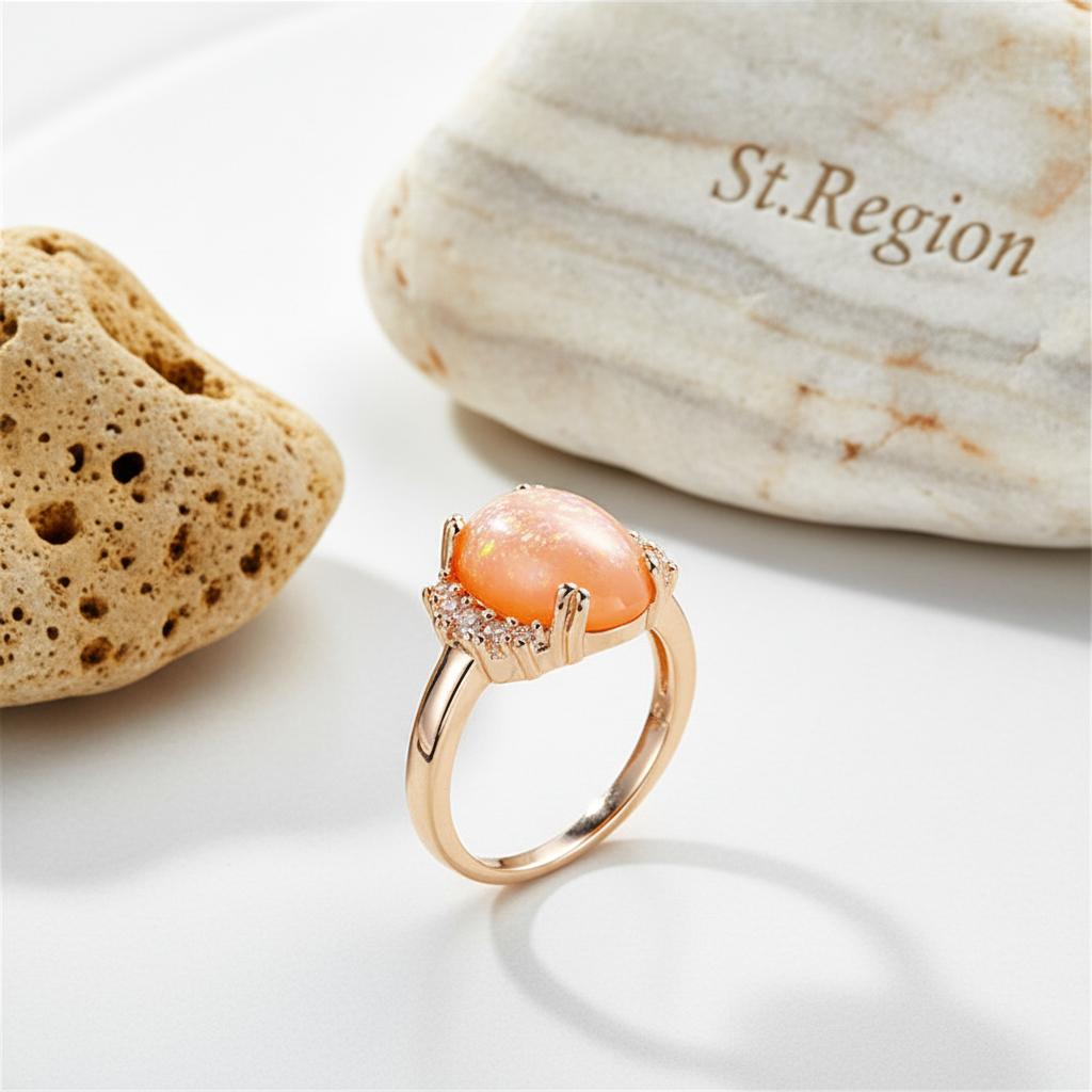 Orange Resin and Cubic Zirconia Oval-Cut Ring, statement rings for women, vintage-inspired design, detail close-up