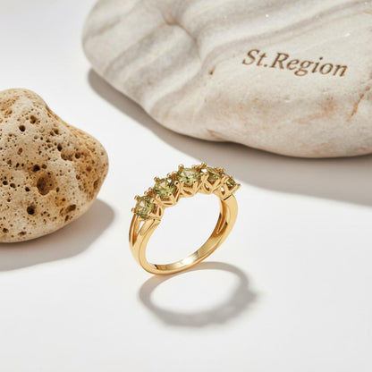 Olive Crystal and 18K Gold-Plated Prong Ring, gold statement rings for women, dainty minimalist design, detail close-up