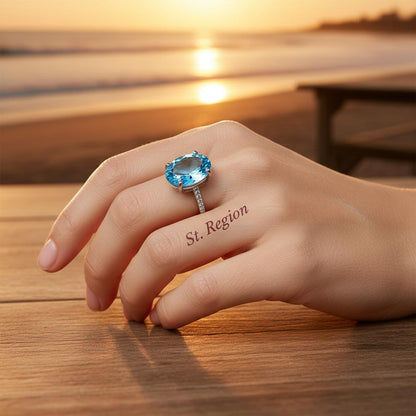 Sea Blue Crystal and Cubic Zirconia Band Ring, statement rings for women, dainty minimalist design, styled look