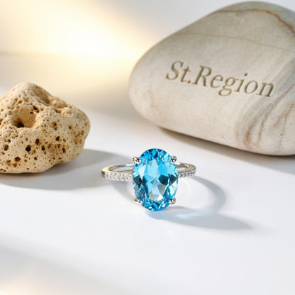 Sea Blue Crystal and Cubic Zirconia Band Ring, statement rings for women, dainty minimalist design, detail close-up