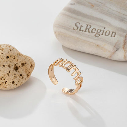 18K Gold-Plated 'Mama' Open Ring, gold statement rings for women, vintage-inspired design, detail close-up