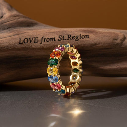 Blue Multicolor Crystal and 18K Gold-Plated Rainbow Band, gold statement rings for women, everyday style, lifestyle look