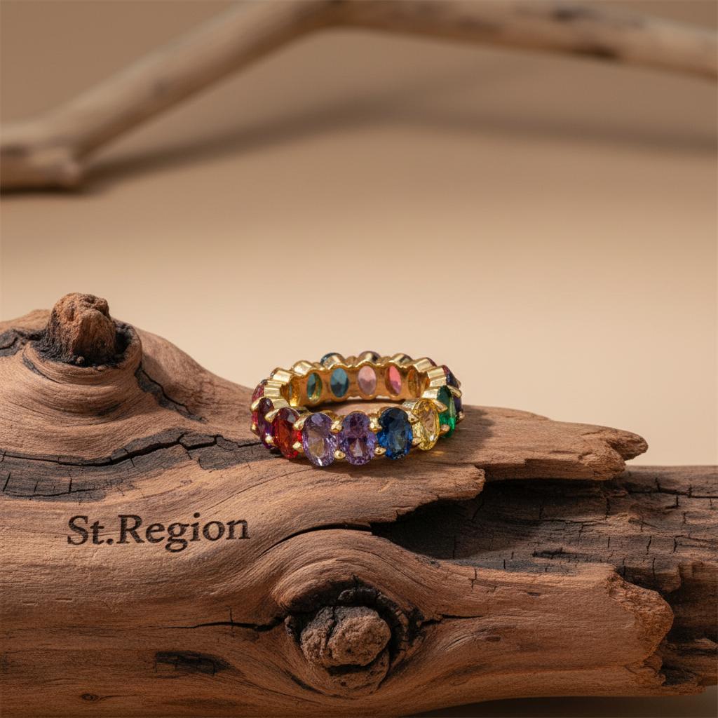 Blue Multicolor Crystal and 18K Gold-Plated Rainbow Band, gold statement rings for women, everyday style, front view
