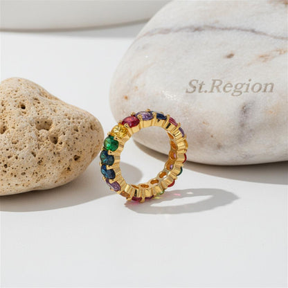 Blue Multicolor Crystal and 18K Gold-Plated Rainbow Band, gold statement rings for women, everyday style, detail close-up